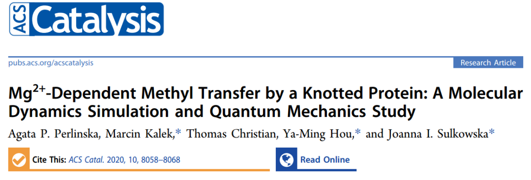 ACS Catalysis | 分子模拟结合量化计算研究Mg离子介导的TrmD酶甲基转移过程